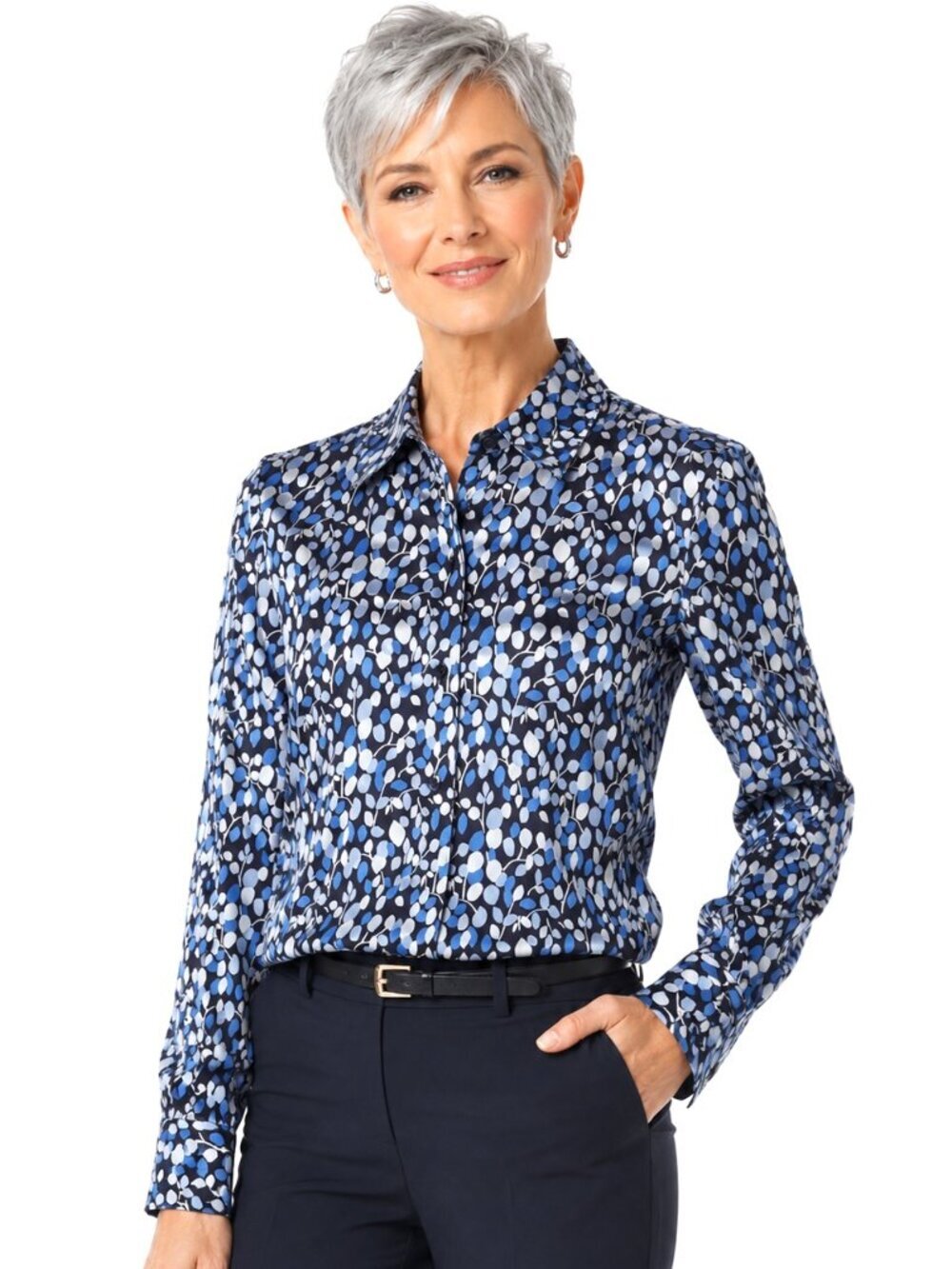 Grace Dane Lewis Blue Print Silk Long Sleeve Blouse